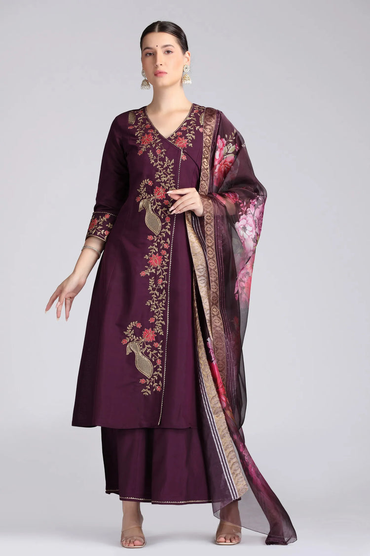 Purple Roman Silk Embroidered A Line Kurta Pant and Dupatta Suit Set