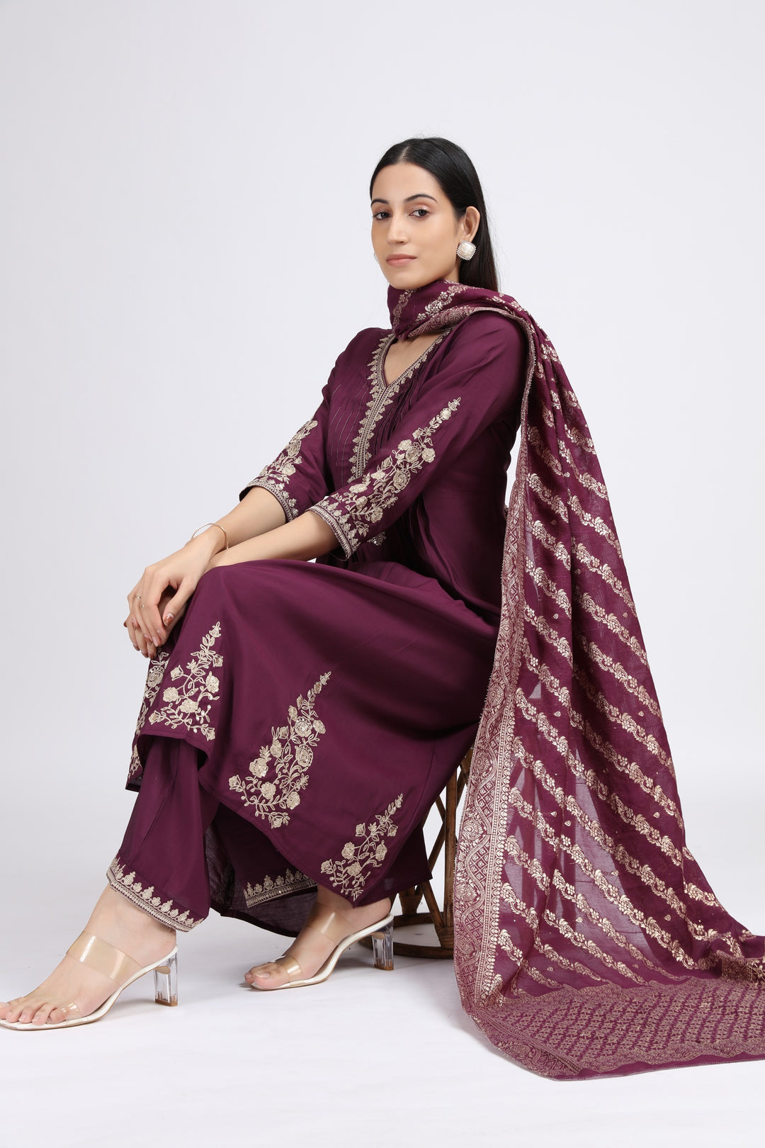 Purple Roman Silk Embroidered A Line Kurta Pant and Dupatta Suit Set for women