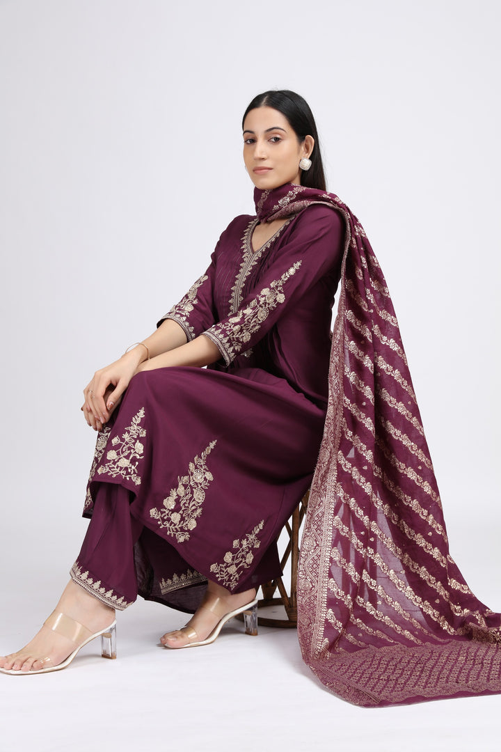 Purple Roman Silk Embroidered A Line Kurta Pant and Dupatta Suit Set for women