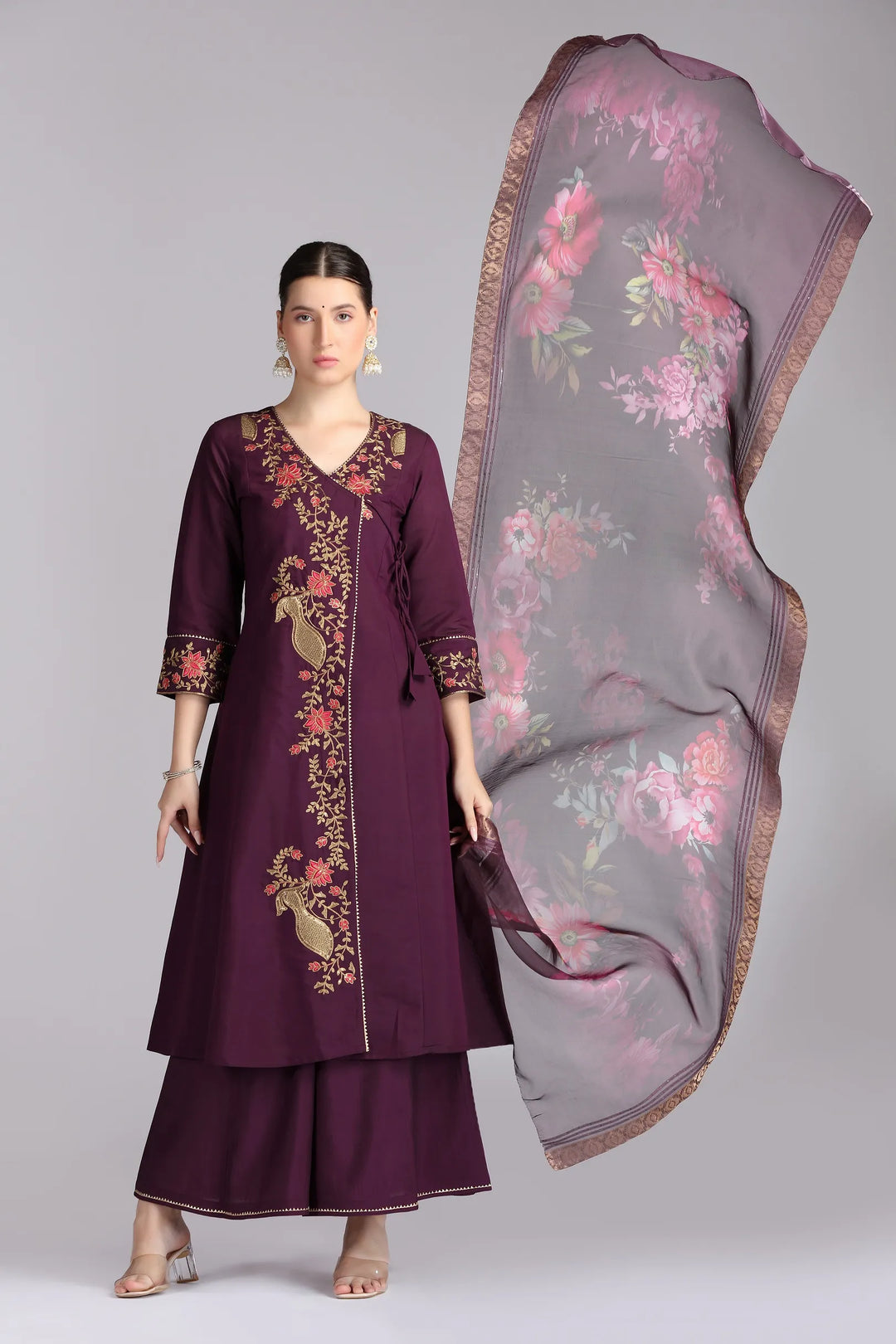 Purple Roman Silk Embroidered A Line Kurta Pant and Dupatta Suit Set