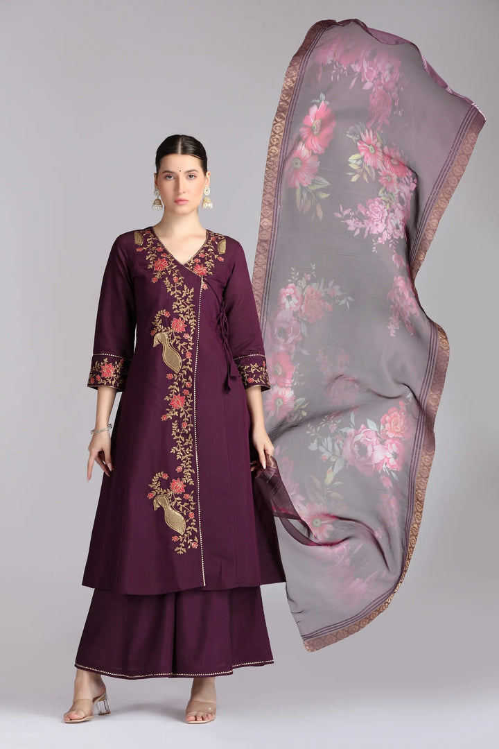Purple Roman Silk Embroidered A Line Kurta Pant and Dupatta Suit Set