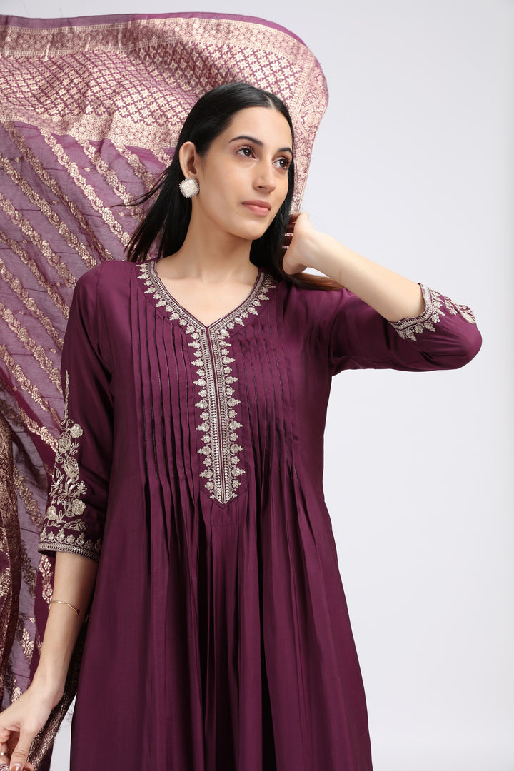 Purple Roman Silk Embroidered A Line Kurta Pant and Dupatta Suit Set for women