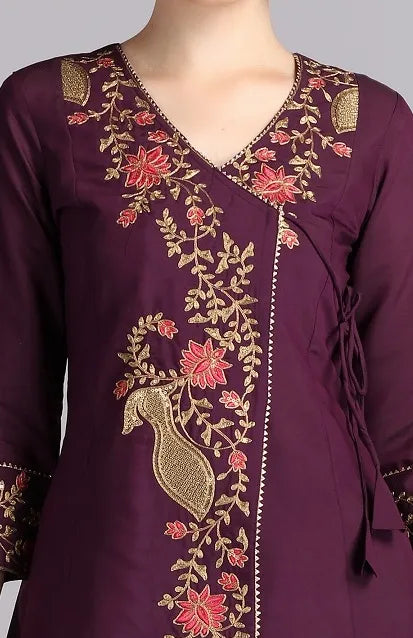 Purple Roman Silk Embroidered A Line Kurta Pant and Dupatta Suit Set