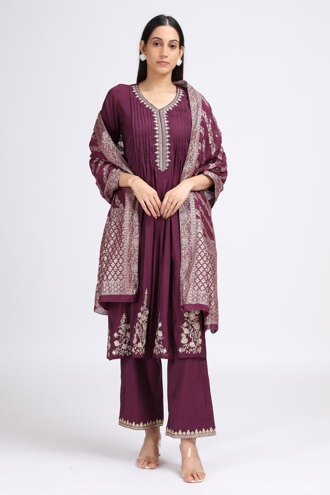 Purple Roman Silk Embroidered A Line Kurta Pant and Dupatta Suit Set for women