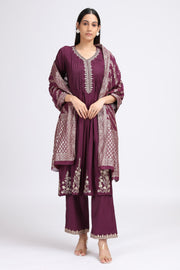 Purple Roman Silk Embroidered A Line Kurta Pant and Dupatta Suit Set for women