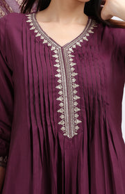 Purple Roman Silk Embroidered A Line Kurta Pant and Dupatta Suit Set for women