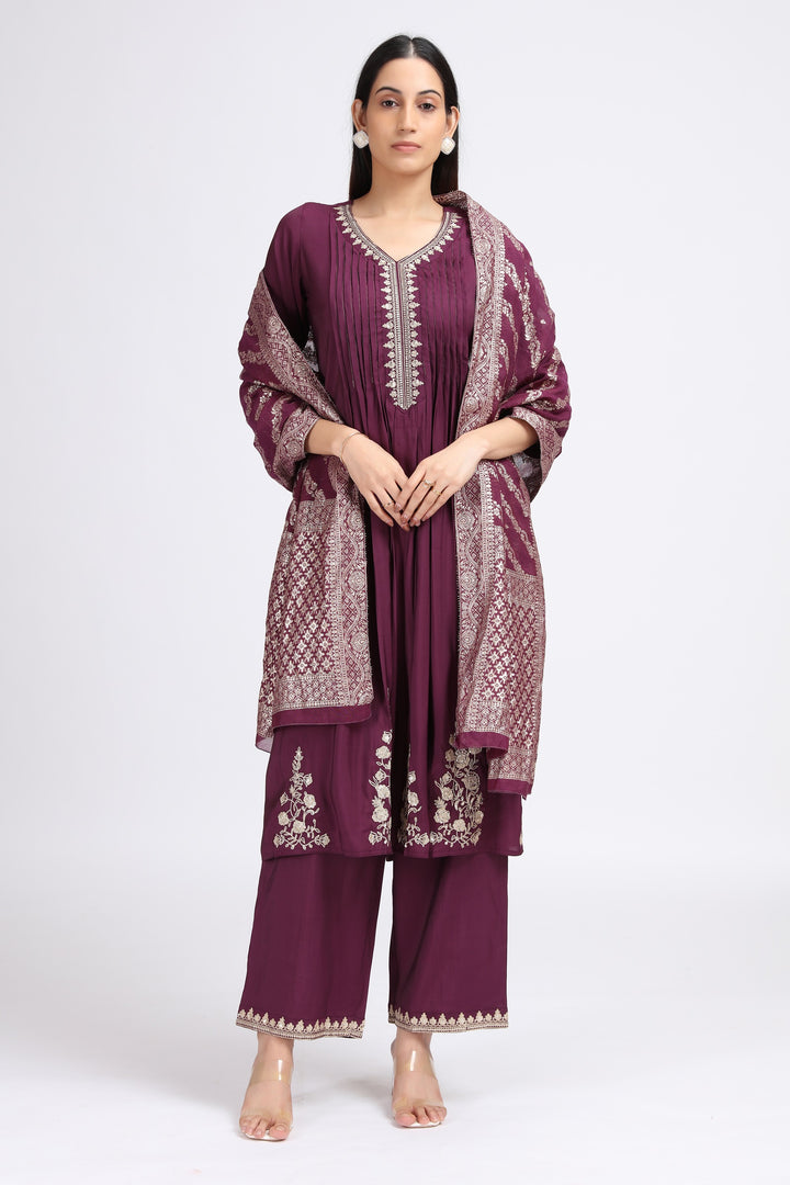 Purple Roman Silk Embroidered A Line Kurta Pant and Dupatta Suit Set for women