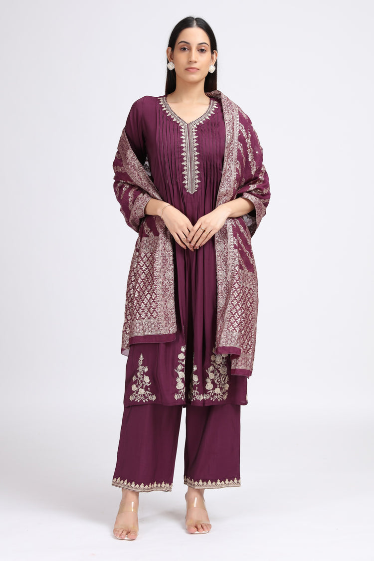 Purple Roman Silk Embroidered A Line Kurta Pant and Dupatta Suit Set for women