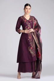 Purple Roman Silk Embroidered A Line Kurta Pant and Dupatta Suit Set