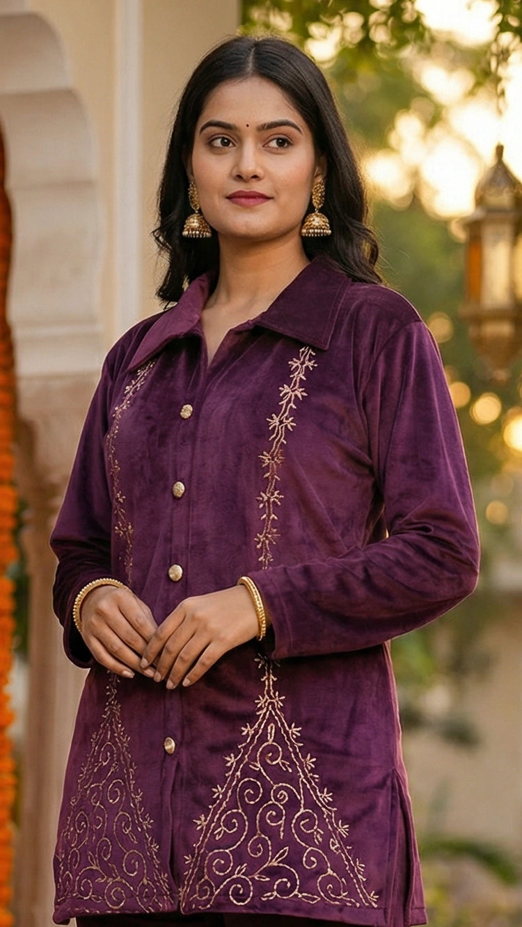 Purple Velvet Embroidered Straight Co-ord Set
