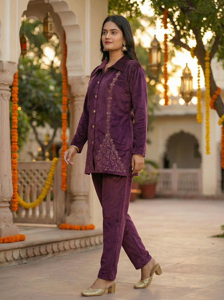 Purple Velvet Embroidered Straight Co-ord Set