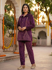 Purple Velvet Embroidered Straight Co-ord Set