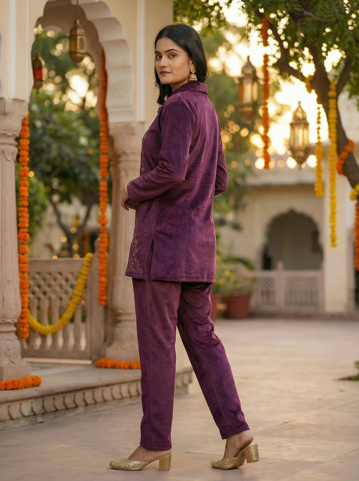 Purple Velvet Embroidered Straight Co-ord Set