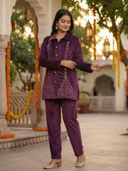 Purple Velvet Embroidered Straight Co-ord Set