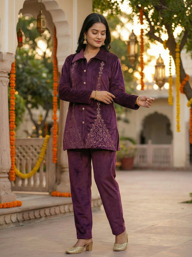 Purple Velvet Embroidered Straight Co-ord Set