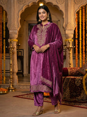 Purple Velvet Embroidered Straight Ethnic Set