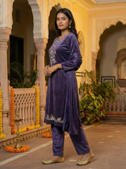 Purple Velvet Embroidered Straight Ethnic Set