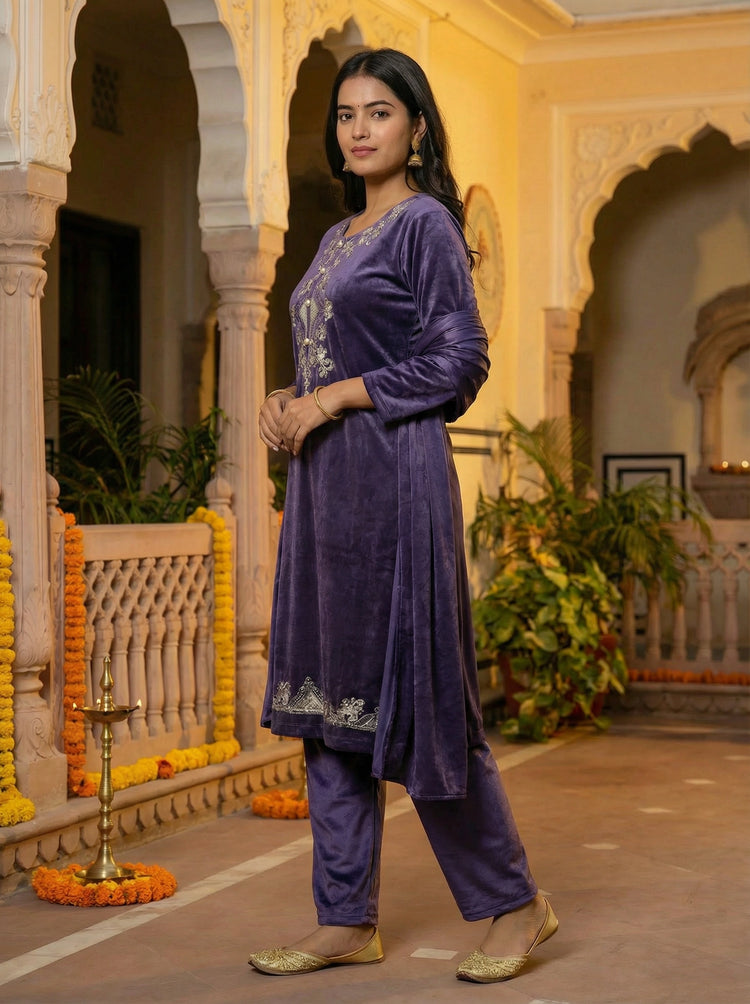 Purple Velvet Embroidered Straight Ethnic Set