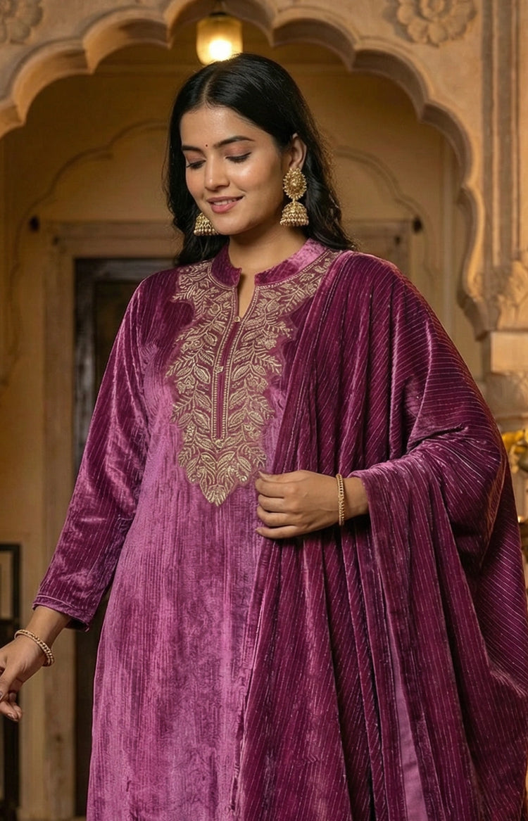 Purple Velvet Embroidered Straight Ethnic Set