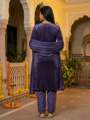 Purple Velvet Embroidered Straight Ethnic Set