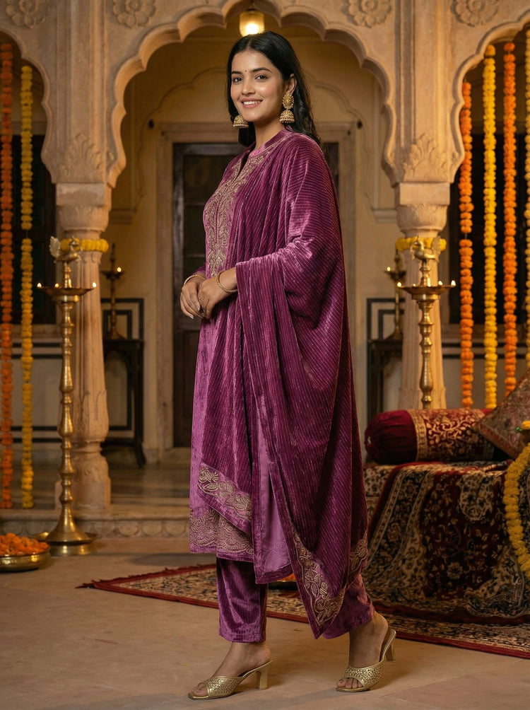 Purple Velvet Embroidered Straight Ethnic Set