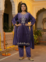 Purple Velvet Embroidered Straight Ethnic Set