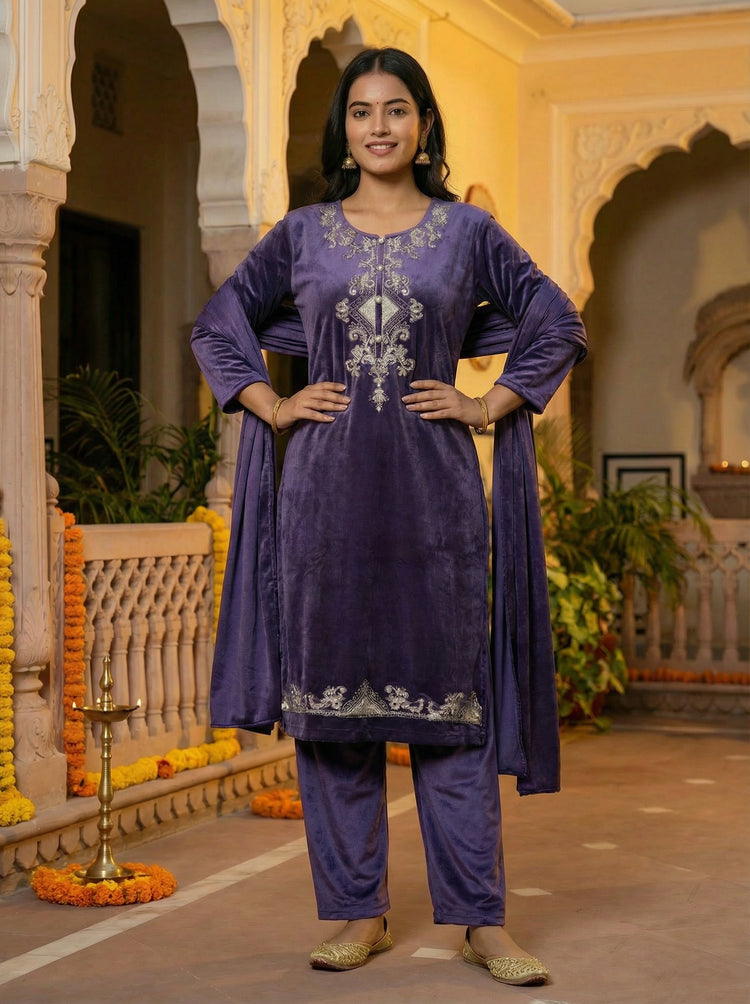 Purple Velvet Embroidered Straight Ethnic Set