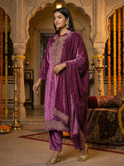 Purple Velvet Embroidered Straight Ethnic Set