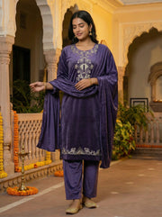 Purple Velvet Embroidered Straight Ethnic Set