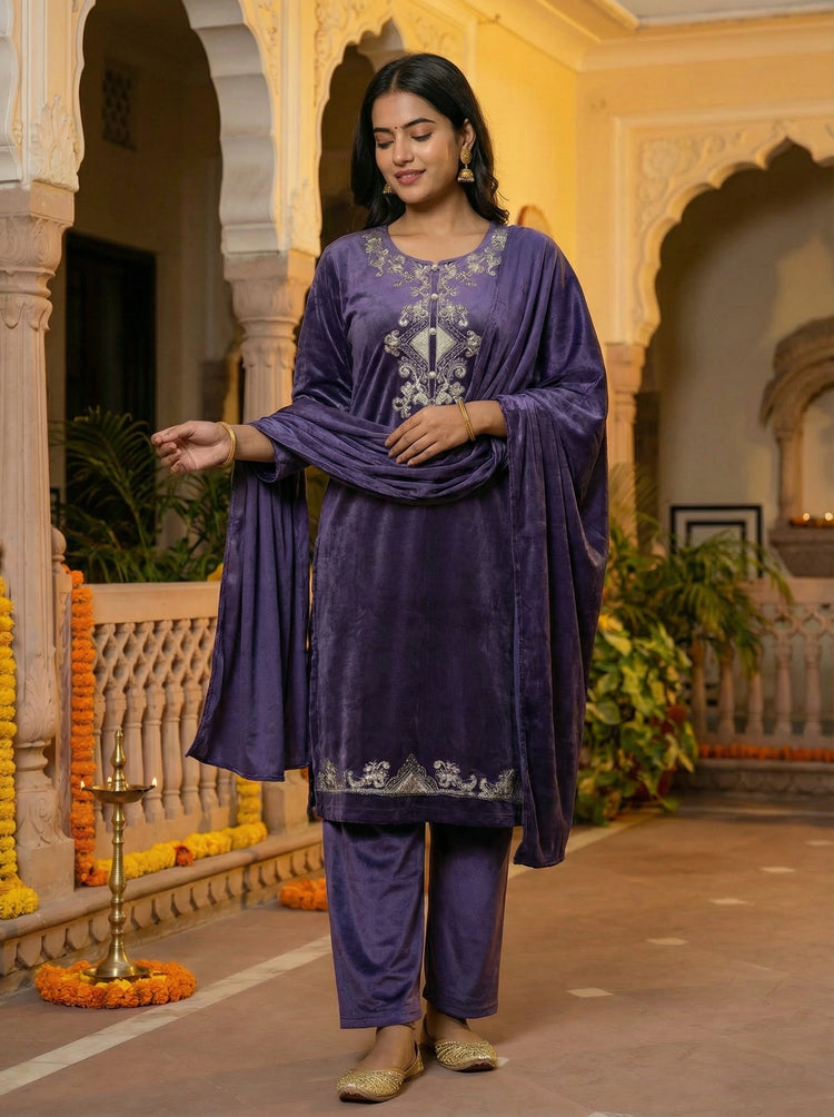 Purple Velvet Embroidered Straight Ethnic Set