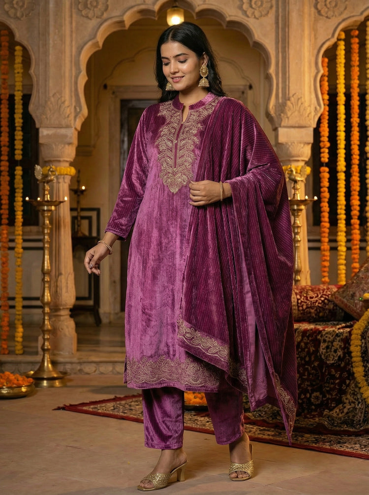 Purple Velvet Embroidered Straight Ethnic Set