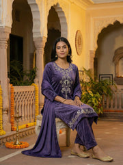 Purple Velvet Embroidered Straight Ethnic Set