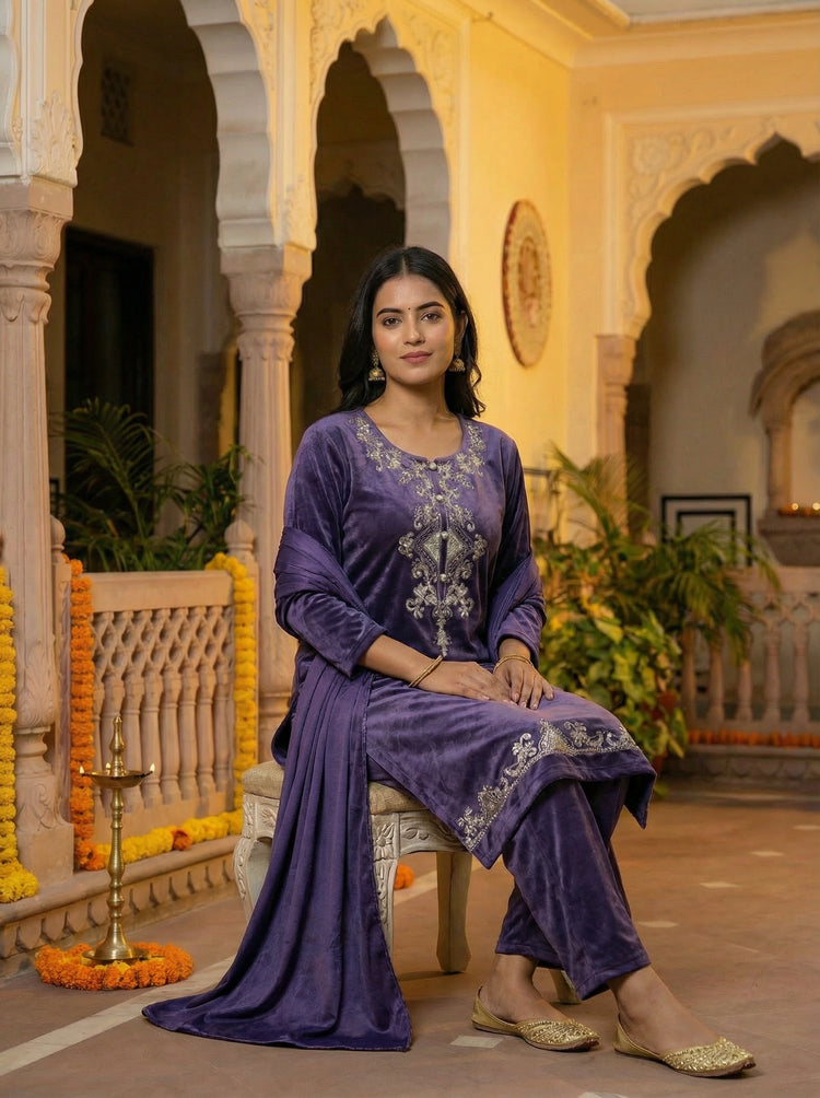 Purple Velvet Embroidered Straight Ethnic Set