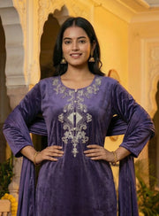 Purple Velvet Embroidered Straight Ethnic Set