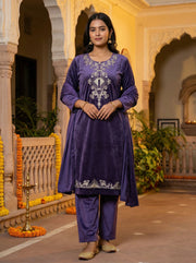 Purple Velvet Embroidered Straight Ethnic Set