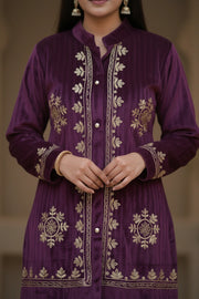 Purple Velvet Zari Embroidered Straight Co-ord Set for women