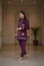 Purple Velvet Zari Embroidered Straight Co-ord Set for women