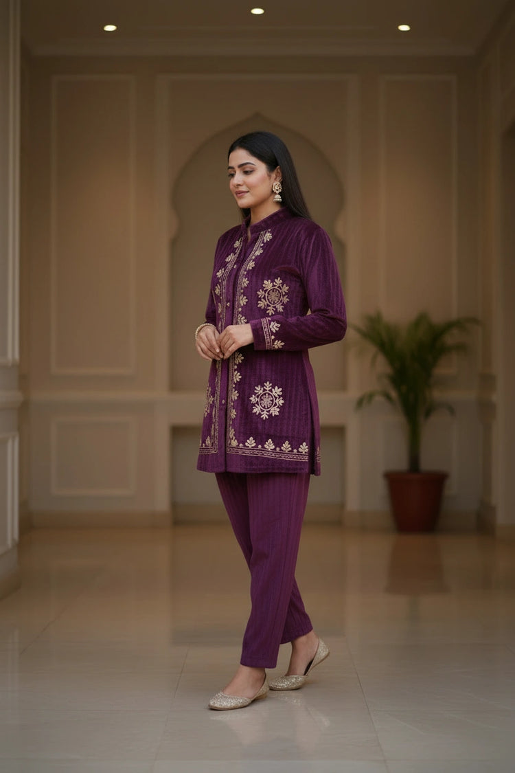 Purple Velvet Zari Embroidered Straight Co-ord Set for women