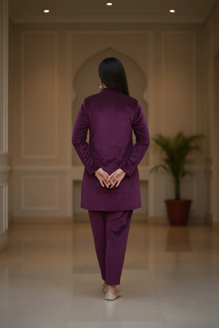 Purple Velvet Zari Embroidered Straight Co-ord Set for women