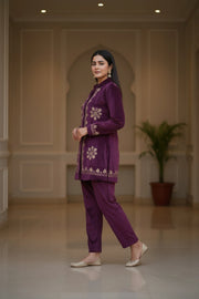Purple Velvet Zari Embroidered Straight Co-ord Set for women