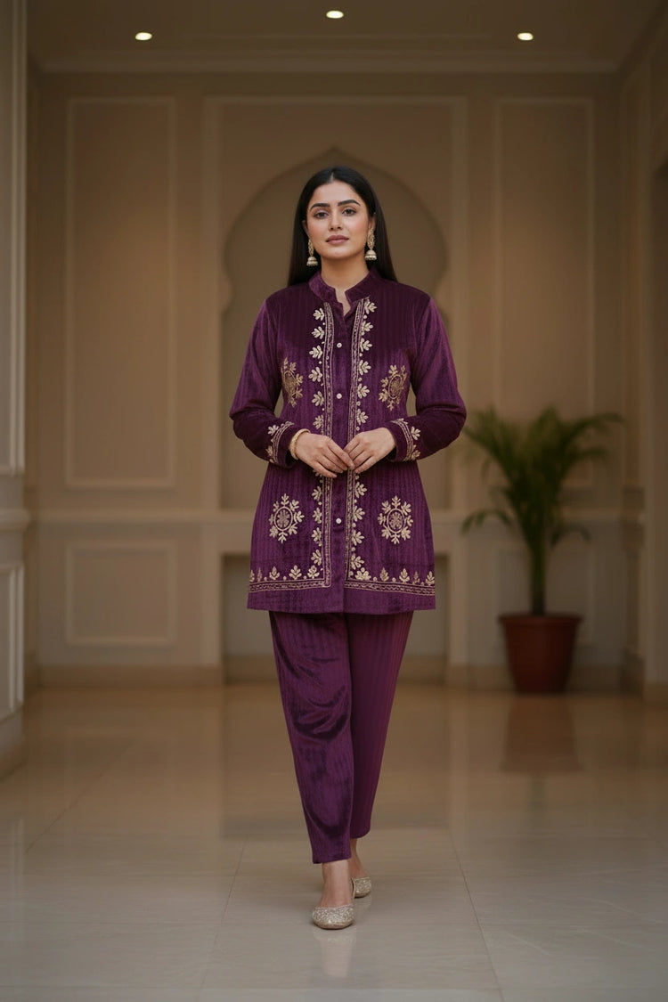 Purple Velvet Zari Embroidered Straight Co-ord Set for women