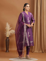 Purple Floral Embroidered Straight Ethnic Set