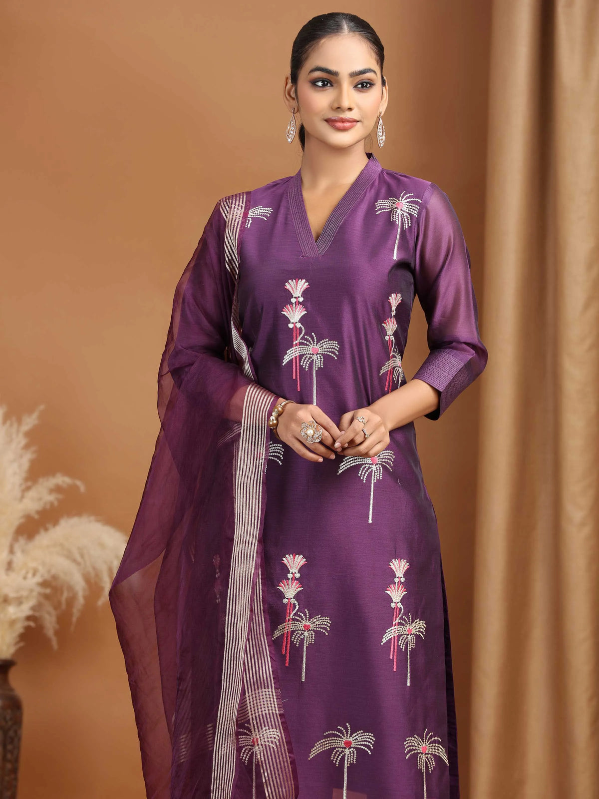 Purple Floral Embroidered Straight Ethnic Set