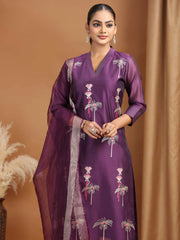 Purple Floral Embroidered Straight Ethnic Set