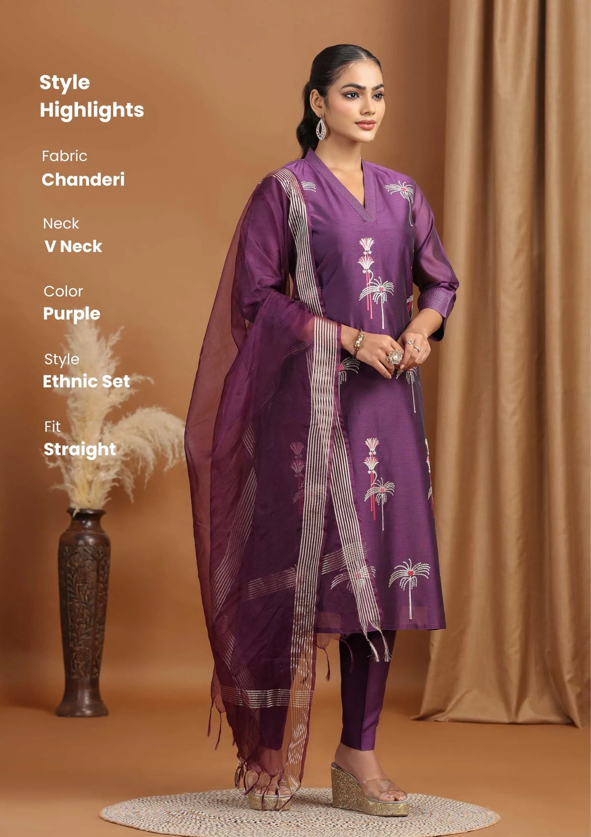 Purple Floral Embroidered Straight Ethnic Set