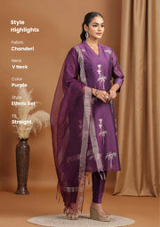 Purple Floral Embroidered Straight Ethnic Set