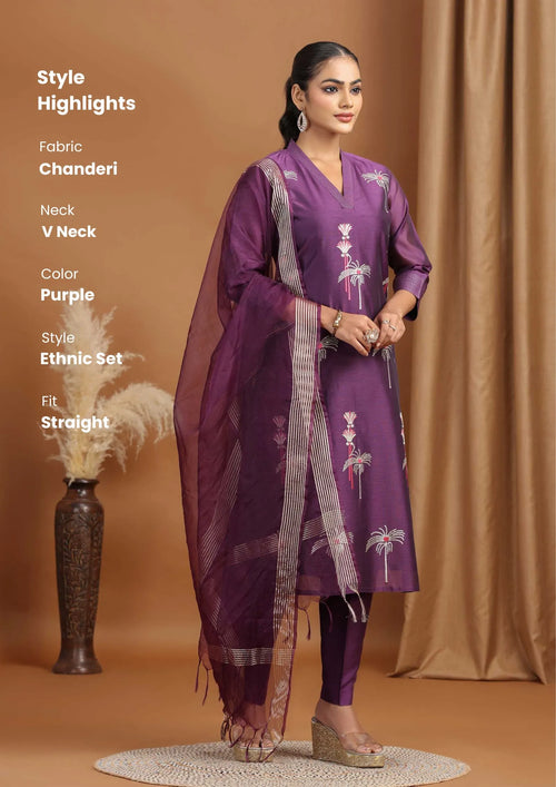 Purple Floral Embroidered Straight Ethnic Set