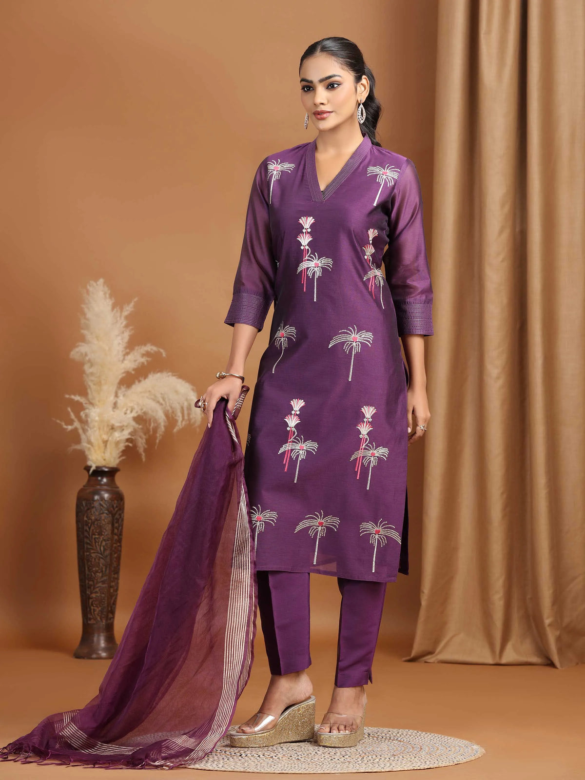 Purple Floral Embroidered Straight Ethnic Set