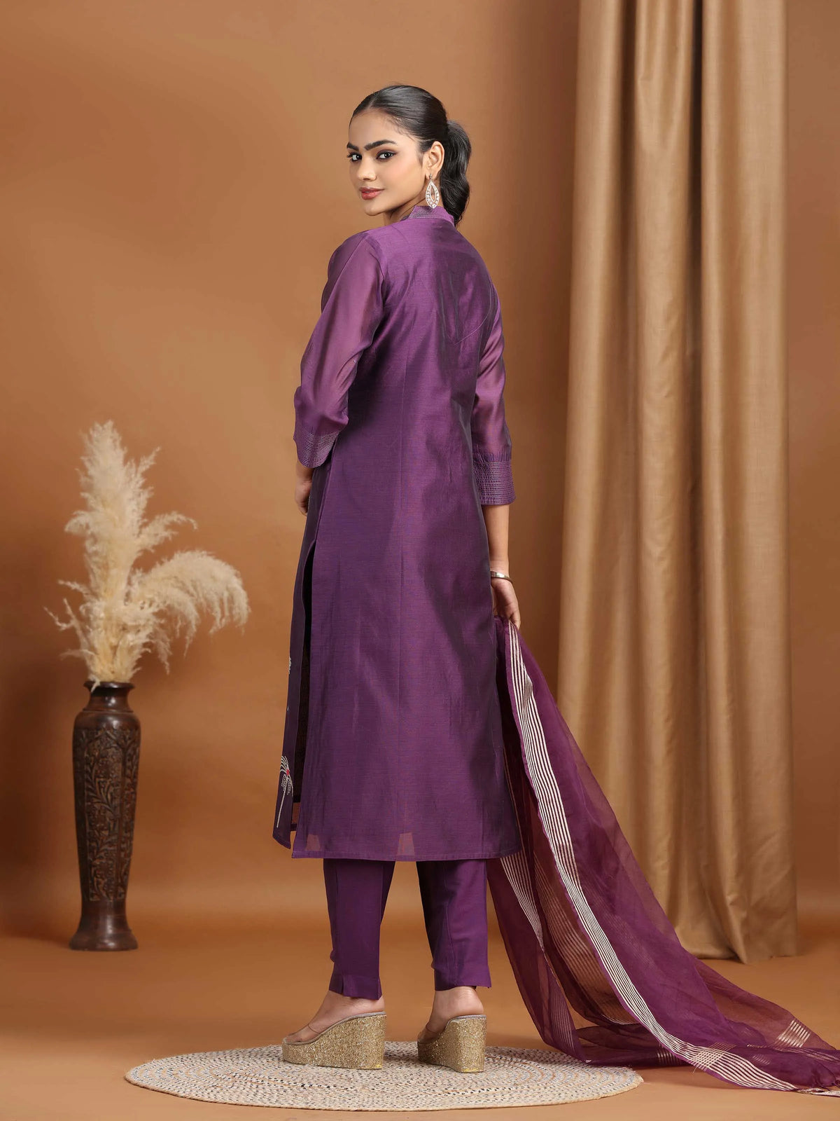 Purple Floral Embroidered Straight Ethnic Set