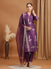 Purple Floral Embroidered Straight Ethnic Set